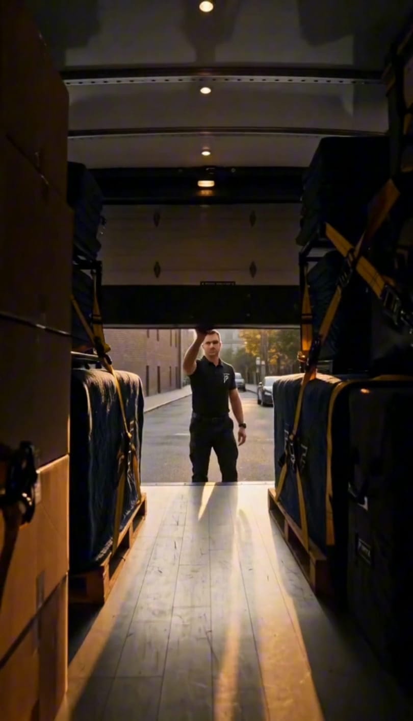 Still from the Fortex Moving film: inside the truck, pallets strapped and ordered, a mover lowering the door